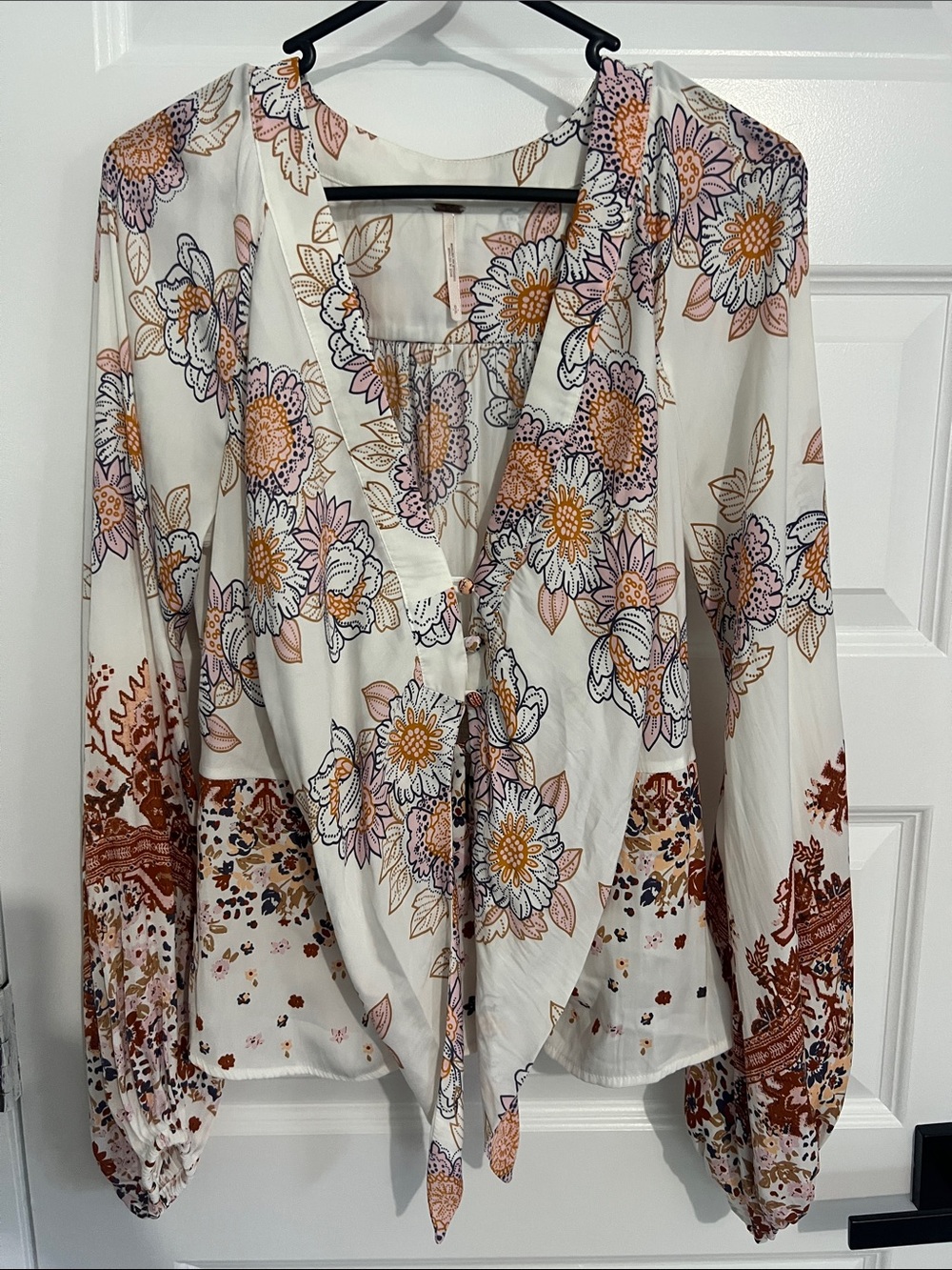 Free People Cream Floral Tie-Front Blouse with Pink and Rust Accents